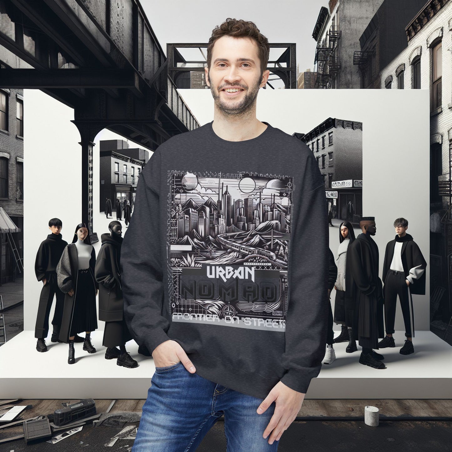 Urban Nomad Fleece Crewneck Sweatshirt_ UWD 0027_ | Cozy Streetwear Style, Perfect for Travel, Gifts, Fall & Winter Layers, Graphic Pullover