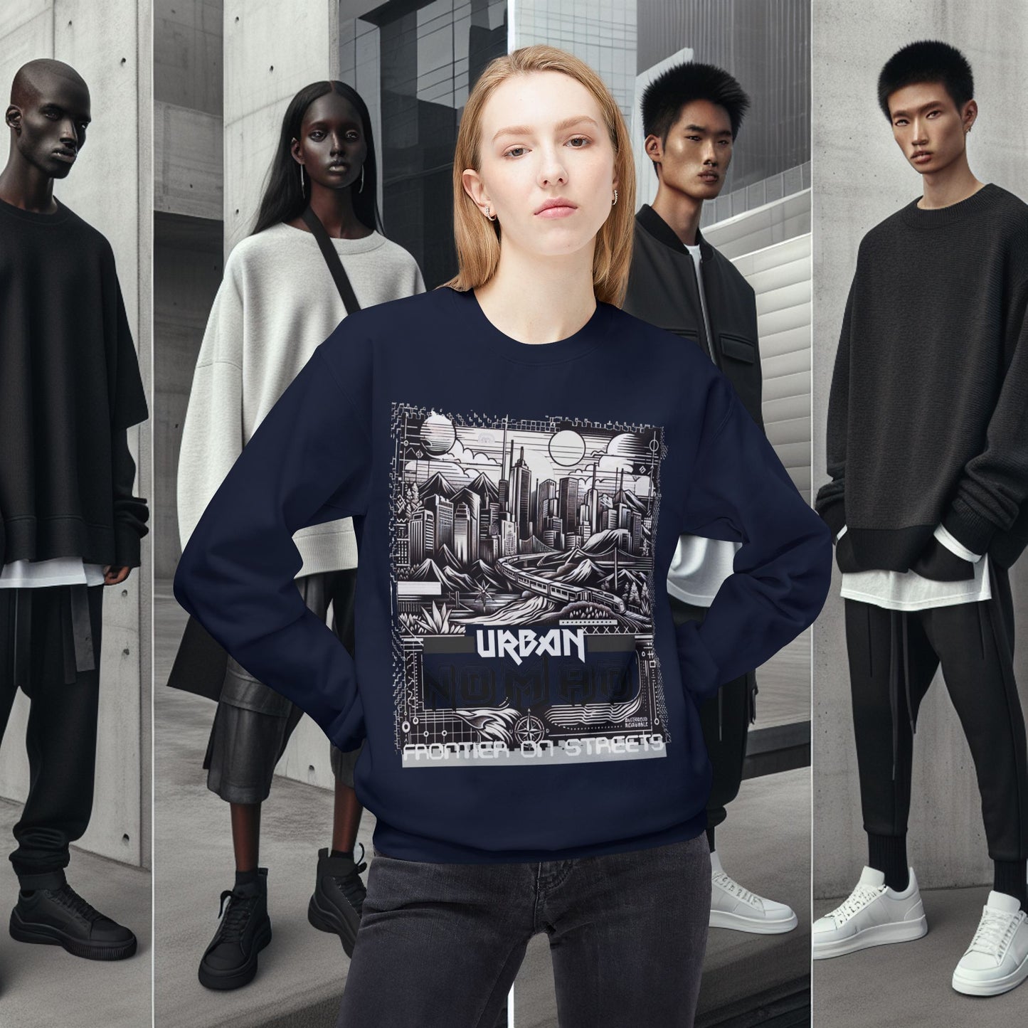 Urban Nomad Fleece Crewneck Sweatshirt_ UWD 0027_ | Cozy Streetwear Style, Perfect for Travel, Gifts, Fall & Winter Layers, Graphic Pullover