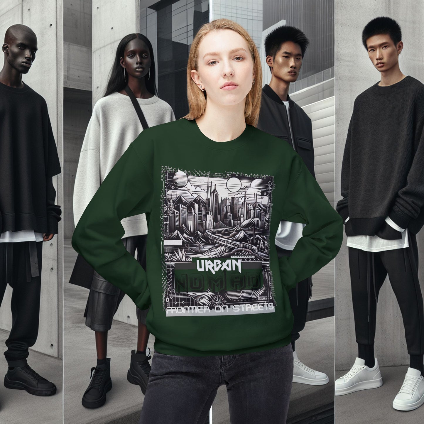 Urban Nomad Fleece Crewneck Sweatshirt_ UWD 0027_  | Cozy Streetwear Style, Perfect for Travel, Gifts, Fall & Winter Layers, Graphic Pullover