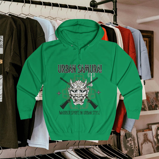 Urban Samurai Unisex Full Zip Hoodie, Graphic Hoodie, Streetwear, Gift for Him/Her, Cool Casual Wear, Comfortable Outfits, Urban Fashion