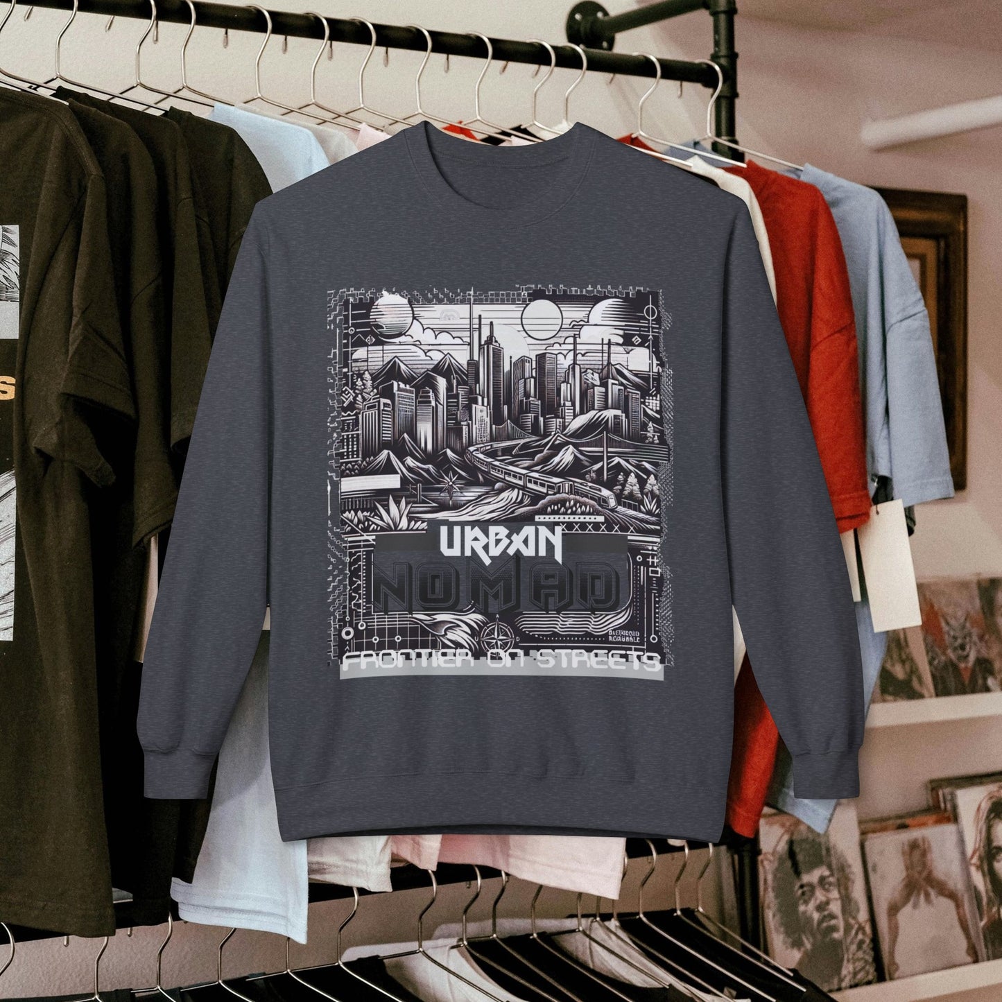Urban Nomad Fleece Crewneck Sweatshirt_ UWD 0027_  | Cozy Streetwear Style, Perfect for Travel, Gifts, Fall & Winter Layers, Graphic Pullover